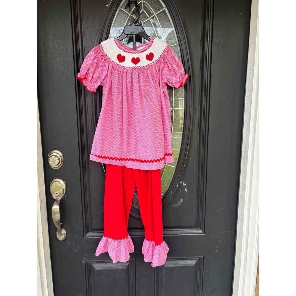Stitchy Fish Girls Smocked Heart Polka Dot Pant Set Pink Red Size 8 Valentine